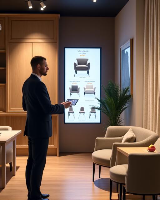 Interni dello showroom di Ideacasa Arredamenti a Milano con elementi digitali.